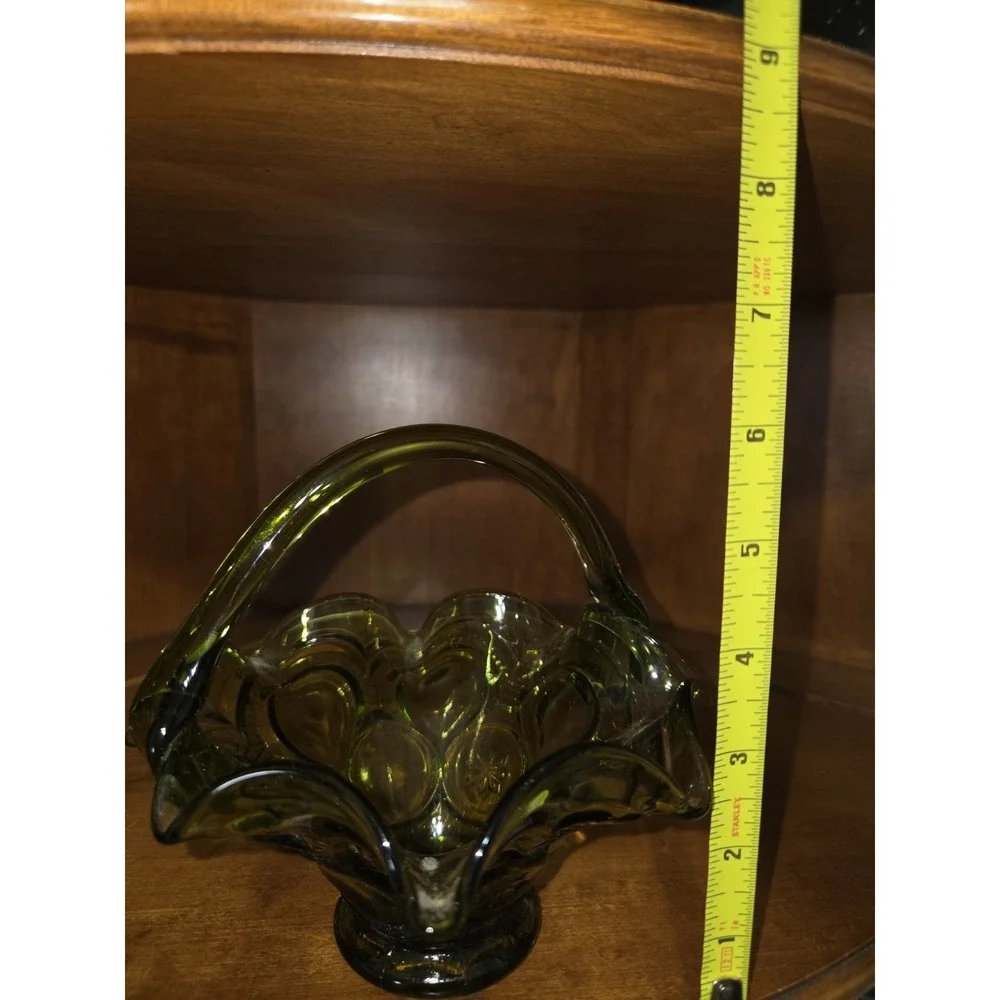 Vintage Olive Green Glass Basket Handle Glass Ruffle Rim Vintage